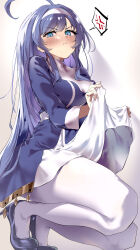 1girl absurdres ahoge anger_vein blue_dress blue_eyes blue_hair breasts clothes_lift dress dress_lift full_body hairband highres large_breasts long_hair orie_ballardiae_harada pantyhose sato_one1 solo speech_bubble spoken_anger_vein under_night_in-birth white_hairband white_pantyhose