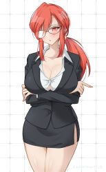 1girl alternate_costume artist_name bare_legs black_shirt black_skirt blush breasts bursting_breasts buttons cleavage cowboy_shot crossed_arms elite_four female_focus glasses highres kakuremino7928 large_breasts long_hair looking_at_viewer lorelei_(pokemon) matching_hair/eyes miniskirt nintendo office_lady open_mouth pencil_skirt pokemon pokemon_frlg ponytail red_eyes red_hair shirt side_slit sidelocks signature skirt solo standing thighs