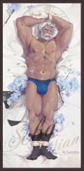 1boy abs armpits bare_pectorals bdsm beard bed bed_sheet biceps black_socks blue_eyes blue_male_underwear bondage bound bound_wrists bulge butler closed_mouth facial_hair gloves groin highres luerstine lying male_focus male_underwear muscular muscular_male mustache navel nipples nude old old_man on_bed overlord_(maruyama) pectorals pubic_hair rope sebas_tian short_hair socks thick_eyebrows topless_male underwear white_gloves white_hair