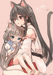 2girls animal_ears barefoot blue_eyes blue_sailor_collar blush brown_eyes cat_ears cat_tail detached_sleeves grey_hair hair_between_eyes haruna_(kancolle) kantai_collection kemonomimi_mode long_hair mikura_(kancolle) multiple_girls nontraditional_miko red_background red_shirt sailor_collar shirt short_sleeves sidelocks signature simple_background size_difference tail white_shirt wss_(nicoseiga19993411)