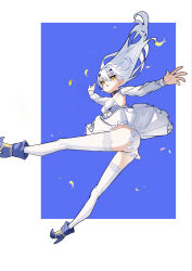 1girl absurdres blue_background blue_dress blush breasts dress fate/grand_order fate_(series) floating_clothes floating_hair forked_eyebrows full_body hair_between_eyes high_heels highres jewelry jumping long_hair long_sleeves looking_at_viewer matemate778 melusine_(fate) melusine_(second_ascension)_(fate) midair open_mouth outstretched_arms outstretched_hand pantyhose pleated_skirt simple_background skirt small_breasts solo spread_fingers thighhighs thighlet white_hair white_pantyhose yellow_eyes zettai_ryouiki