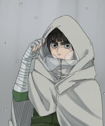 Rule 34 | 1boy, bandaged arm, bandages, black eyes, black hair, bob cut, bowl cut, grey background, grey jumpsuit, jumpsuit, kamosuke, looking at viewer, male focus, naruto (series), naruto shippuuden, ninja, outdoors, rock lee, solo, thick eyebrows, upper body