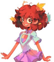 1girl absurdres amphibia anne_boonchuy autumn_leaves brown_eyes brown_hair collared_shirt cowboy_shot dark-skinned_female dark_skin firebay grey_shirt highres leaf leaf_on_head looking_at_viewer open_mouth pleated_skirt purple_skirt school_uniform shirt short_hair sjms_school_uniform skirt smile teeth upper_teeth_only white_background