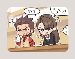 1boy 1girl ? ace_attorney arm_strap black_jacket black_necktie blush bn_noru border brown_eyes brown_hair brown_vest chibi coffee_mug commentary_request courtroom cup desk diego_armando earrings facial_hair flying_sweatdrops grey_border grey_eyes hand_up highres holding holding_cup jacket jewelry lapel_pin long_hair magatama mia_fey mug necktie outline paper phoenix_wright:_ace_attorney_-_trials_and_tribulations red_shirt scarf shirt short_hair signature speech_bubble spoken_question_mark sweat vest white_outline yellow_scarf