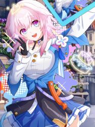 Rule 34 | 1girl, 3d background, absurdres, archery shooting glove, black choker, black gloves, black overskirt, blue eyes, blue jacket, blue skirt, bra strap, breasts, camera, chinese commentary, choker, collarbone, commentary request, cowboy shot, earrings, flower ornament, game screenshot background, gloves, gradient clothes, gradient jacket, highres, holding, holding camera, honkai: star rail, honkai (series), jacket, jewelry, long sleeves, march 7th (honkai: star rail), march 7th (preservation) (honkai: star rail), medium breasts, medium hair, miniskirt, multicolored eyes, off-shoulder jacket, off shoulder, open mouth, overskirt, partially fingerless gloves, pink eyes, pink hair, pink jacket, pink pupils, pleated skirt, screenshot background, selfie, shirt, single earring, skirt, smile, solo, teeth, tied jacket, two-tone eyes, underbust, upper teeth only, variant set, w, wangyinigetianshadequsiba, white shirt
