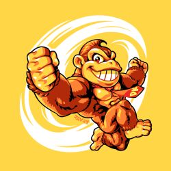 1boy brown_fur clenched_teeth donkey_kong donkey_kong_(series) furry furry_male grin jmanvelez looking_at_viewer necktie nintendo one_eye_closed red_necktie simple_background smile teeth yellow_background