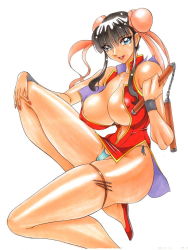Rule 34 | 1girl, azuki kurenai, black hair, blue eyes, blue panties, breasts, bun cover, china dress, chinese clothes, cleavage, covered erect nipples, double bun, dress, female focus, g-string, hair bun, huge breasts, large breasts, leg up, legs, lipstick, long legs, makeup, navel, no bra, nunchaku, nunchucks, open clothes, open dress, panties, shoes, short dress, side-tie panties, smile, solo, thigh strap, thong, underwear, weapon