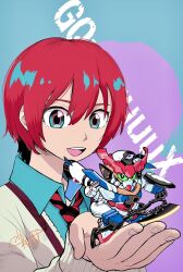 1girl amate_yuzuriha aqua_eyes axe glowing glowing_eyes gquuuuuux green_eyes gundam gundam_gquuuuuux heat_hawk highres holding holding_axe holding_weapon long_sleeves mecha mizumura_yuya mobile_suit necktie open_mouth red_hair robot school_uniform science_fiction sd_gundam shirt short_hair smile sweater upper_body v-fin weapon