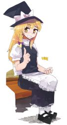 1girl absurdres apron black_hat black_shoes black_skirt black_vest blonde_hair bow braid cookie_(touhou) frilled_apron frills full_body grin hat hat_bow highres index_finger_raised jpeg_artifacts kirisame_marisa long_hair mary_janes puffy_short_sleeves puffy_sleeves raichiyo shirt shoes short_sleeves side_braid simple_background sitting skirt skirt_set smile solo touhou uzuki_(cookie) vest waist_apron white_apron white_background white_bow white_shirt witch_hat yellow_eyes