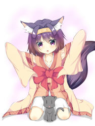 10s 1girl absurdres animal animal_ear_fluff animal_ears arms_up borumete cat chestnut_mouth female_focus fox_ears fox_tail gradient_hair hairband hatsuse_izuna highres japanese_clothes kimono multicolored_hair no_game_no_life purple_eyes purple_hair seiza short_hair short_kimono sitting solo tail