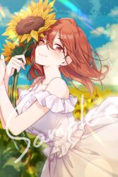1girl bare_arms bare_shoulders blue_sky blurry blurry_background blush breasts brown_eyes brown_hair closed_mouth commentary_request crossed_bangs depth_of_field double-parted_bangs dress field flower flower_field hair_between_eyes highres holding holding_flower kohinata_iroha_(imouuzai) large_breasts looking_at_viewer medium_hair official_art one_eye_closed sample_watermark sky sleeveless sleeveless_dress smile sunflower sunflower_field tomari_(veryberry00) tomodachi_no_imouto_ga_ore_ni_dake_uzai watermark white_dress