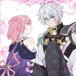 1boy 1girl ahoge armor black_pants coat commission cyrene_(honkai:_star_rail) hashtag-only_commentary highres honkai:_star_rail honkai_(series) ilazy2sleep looking_at_another multicolored_hair pants pauldrons phainon_(honkai:_star_rail) pink_hair purple_coat short_hair shoulder_armor simple_background single_pauldron two-tone_hair watermark white_background white_coat white_hair