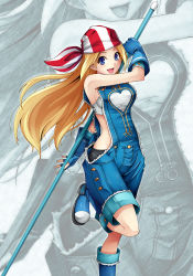 Rule 34 | 1girl, bandana, blonde hair, blue eyes, boots, female focus, fingerless gloves, gloves, lilly kane, long hair, overalls, shorts, snk, solo, staff, strapless, taiyou, the king of fighters, tube top, zoom layer