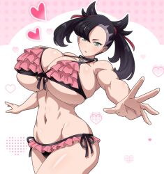 Rule 34 | 1girl, alternate breast size, asymmetrical bangs, bikini, black hair, breasts, bursting breasts, cowboy shot, front-tie bikini top, front-tie top, green eyes, hair ribbon, heart, heart background, hitokiwa kenchin, huge breasts, looking at viewer, marnie (pokemon), navel, nintendo, pink background, pink bikini, pokemon, pokemon swsh, polka dot, polka dot background, red ribbon, ribbon, side-tie bikini bottom, solo, standing, swimsuit, twintails, underboob, white background