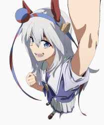 1girl absurdres animal_ears blue_eyes bow ear_bow grey_hair hairband headband highres horse_ears horse_girl horse_tail school_uniform solo striped_clothes striped_hairband tail tamamo_cross_(umamusume) umamusume umamusume:_cinderella_gray white_background wqdofjpeqs63235