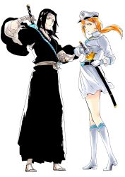 Rule 34 | 2girls, aged up, alternate costume, alternate universe, bandaged arm, bandaged hand, bandaged head, bandages, belt, black belt, black choker, black hair, black hakama, black kimono, bleach, bleach: sennen kessen-hen, boots, brown eyes, brown hair, choker, closed mouth, commentary, commission, english commentary, eyebrows hidden by hair, fighting stance, floating hair, food-themed hair ornament, frown, full body, gloves, grey eyes, hair behind ear, hair ornament, hakama, hand up, hat, heart belt, highres, holding, holding sword, holding weapon, jacket, japanese clothes, katana, ken&#039;ichi (ken1ro u), kimono, kubo tite (style), kurosaki karin, kurosaki yuzu, long hair, long sleeves, looking at viewer, low ponytail, medium hair, military hat, military uniform, miniskirt, multiple girls, obi, official style, parted bangs, peaked cap, ponytail, sash, scar, scar on face, second-party source, siblings, simple background, sisters, skeb commission, skirt, standing, straight hair, strawberry hair ornament, sword, tabi, twins, weapon, white background, white boots, white gloves, white hat, white jacket, white skirt, wide sleeves