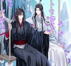 2boys ahoge bishounen black_coat black_hair black_hanfu brown_eyes chinese_clothes closed_mouth coat couple falling_petals flower gearous hair_down hair_ribbon half_updo hanfu headband highres holding holding_petal holding_rope lan_wangji long_hair long_sleeves looking_at_another looking_at_object male_focus modao_zushi mountain multiple_boys official_alternate_costume official_alternate_hairstyle official_art on_swing open_clothes open_coat outdoors parted_bangs petals purple_flower red_ribbon red_sash ribbon robe rope sash sidelocks sitting smile swing third-party_source topknot wei_wuxian wei_wuxian_(yiling_laozu) white_coat white_hanfu white_headband wide_sleeves wisteria xiao_guan_(headdress) yaoi yellow_eyes