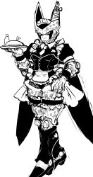 Rule 34 | 1boy, absurdres, apron, back bow, bow, cell (dragon ball), closed mouth, crossdressing, crossdressing (mtf), detached collar, dragon ball, dragonball z, food, frilled apron, frilled headband, frilled leotard, frilled sleeves, frilled thigh strap, frilled wrist cuffs, frills, full body, greyscale, hand on own hip, hand up, highres, holding, holding plate, ketchup, ketchup bottle, leotard, looking at viewer, maid, maid apron, maid headdress, maid leotard, male focus, male maid, monochrome, necktie, obata2nd, omelet, pectoral cleavage, pectorals, perfect cell, plate, puffy short sleeves, puffy sleeves, red ribbon army, ribbon, short sleeves, simple background, slip-on shoes, smile, smug, solo, spots, strapless, strapless leotard, thigh strap, unconventional maid, vest, white background, wings, wrist cuffs