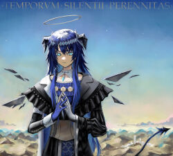 1girl absurdres ambience_synesthesia arknights asymmetrical_dress asymmetrical_gloves asymmetrical_sleeves black_dress black_horns black_tail black_wings blue_dress blue_eyes blue_gloves blue_hair brown_corset collar corset demon_horns demon_tail detached_collar diamond_hair_ornament dress energy_wings eudaemonm gloves gradient_sky grey_gloves grey_halo halo highres horns latin_text layered_dress light_smile long_hair long_sidelocks long_sleeves looking_at_viewer mismatched_gloves mismatched_sleeves mostima_(arknights) mostima_(ethereal_harmony)_(arknights) outdoors own_hands_together pendant_collar puffy_long_sleeves puffy_sleeves sidelocks single_wide_sleeve sky solo star_(sky) straight-on swept_bangs tail traditional_halo translation_request upper_body white_collar white_dress white_sleeve_cuffs wings