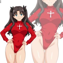 1girl absurdres black_hair black_ribbon blue_eyes breasts fate/stay_night fate_(series) gluteal_fold groin hair_ribbon hands_on_own_hips highleg highres justcuyo leotard long_sleeves medium_breasts multiple_views red_leotard ribbon simple_background smile tohsaka_rin two_side_up white_background zoom_layer