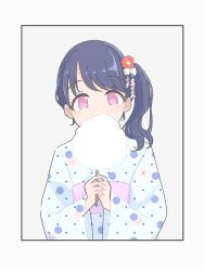 Rule 34 | 1girl, black hair, commentary request, cotton candy, flower, food, fukumaru koito, hair flower, hair ornament, highres, holding, holding cotton candy, holding food, idolmaster, idolmaster shiny colors, japanese clothes, kimono, long hair, looking at viewer, pink eyes, polka dot, polka dot kimono, side ponytail, solo, swept bangs, upper body, warabimochi (tdfcan ebm), wide sleeves