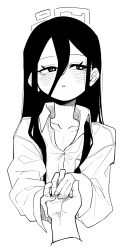 Rule 34 | 1girl, asahina yoshitoshi, blue archive, blush, collared shirt, greyscale, hair between eyes, halo, highres, holding hands, kei (blue archive), long hair, monochrome, parted lips, partially unbuttoned, pov, pov hands, shirt, simple background, sleeves past wrists, solo focus, white background
