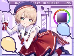 1girl absurdres akabino balloon blonde_hair blue_hat character_name commentary_request dot_nose elbow_gloves gloves green_eyes grin hands_up hat highres indie_virtual_youtuber knees_out_of_frame light_blush looking_at_viewer official_alternate_costume official_alternate_hairstyle red_skirt shigure_ui_(vtuber) short_hair skirt smile solo virtual_youtuber white_gloves