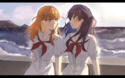 2girls aqua_eyes blue_eyes blue_hair blush braid breast_pocket breasts cloud collarbone cowboy_shot dress eye_contact half_up_braid half_updo hasu_no_sora_school_uniform highres hinoshita_kaho letterboxed link!_like!_love_live! long_hair looking_at_another love_live! medium_breasts medium_hair michisato multiple_girls murano_sayaka neckerchief ocean orange_hair outdoors parted_lips pleated_dress pocket puffy_short_sleeves puffy_sleeves red_neckerchief sailor_collar sailor_dress school_uniform short_sleeves standing summer_uniform two_side_up virtual_youtuber white_dress white_sailor_collar