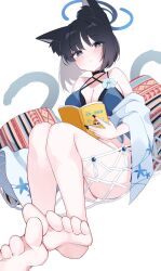 1girl animal_ears bikini black_eyes blue_archive blue_bikini blue_halo cat_ears cat_girl cat_tail colored_inner_animal_ears commentary halo harebare_yurata highres kikyou_(blue_archive) kikyou_(swimsuit)_(blue_archive) layered_bikini multiple_tails official_alternate_costume solo swimsuit tail two_tails
