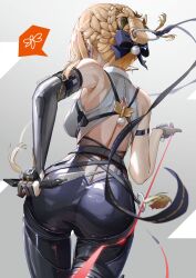 Rule 34 | 1girl, absurdres, arm belt, ass, back cutout, bare shoulders, black gloves, black pants, black ribbon, blonde hair, breasts, clothing cutout, commentary, cowboy shot, earpiece, elbow gloves, evelyn chevalier, folding knife, from behind, gloves, hair ribbon, highres, holding, holding knife, jelmul, knife, large breasts, leash, median furrow, pants, pov, ribbon, ring hair ornament, shirt, short hair, single elbow glove, sleeveless, sleeveless shirt, solo, tight clothes, tight pants, twitter username, viewer on leash, white shirt, zenless zone zero