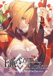 1girl artist_request blonde_hair breasts cleavage fate/extra fate/grand_order fate_(series) flower green_eyes large_breasts looking_at_viewer nero_claudius_(fate) nero_claudius_(fate/extra) official_art source_request sword tagme weapon
