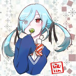 Rule 34 | 1girl, abstract background, black ribbon, blue hair, blue sweater, bow, bowtie, candy, collared shirt, eyes visible through hair, food, hair over one eye, hair ribbon, holding, holding candy, holding food, holding lollipop, ibispaint (medium), jimuin ao, lollipop, red bow, red bowtie, red eyes, ribbon, school uniform, shirt, solo, sweater, takigawa noa, twintails, upper body, white shirt, yamada-kun to 7-nin no majo
