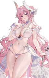 Rule 34 | 1girl, absurdres, alternate costume, bikini, blush, breasts, cleavage, commentary, cowboy shot, dorothy (nikke), flower-shaped hair, frilled bikini, frills, goddess of victory: nikke, hair bun, hair intakes, hand up, highres, holding, holding umbrella, large breasts, long hair, looking at viewer, multi-strapped bikini bottom, multi-strapped bikini top, navel, pink hair, planted, planted umbrella, purple eyes, simple background, single side bun, skindentation, smile, solo, stomach, subong, swimsuit, thighs, umbrella, very long hair, white background, white bikini