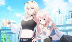 2girls absurdres artist_request bang_dream! bang_dream!_it&#039;s_mygo!!!!! belt black_belt black_choker black_jacket blonde_hair breasts chihaya_anon chinese_commentary choker cleavage closed_mouth collarbone commentary_request commission crop_top cup day drinking_straw eyewear_on_head grey_choker grey_eyes hair_between_eyes hair_ornament hairclip highres holding holding_cup jacket jewelry lens_flare long_hair medium_breasts medium_hair misumi_uika multiple_girls navel necklace open_clothes open_jacket outdoors pink_hair purple_eyes railing second-party_source stomach sunglasses white_jacket