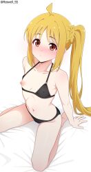 1girl absurdres ahoge barefoot bikini black_bikini blonde_hair blush bocchi_the_rock! breasts closed_mouth commentary_request covered_erect_nipples highres ijichi_nijika long_hair navel nipples one_breast_out red_eyes roswell_ss side_ponytail simple_background sitting small_breasts solo swimsuit white_background