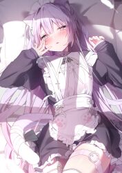 1girl animal_ears apron black_dress blush cat_ears cat_girl cat_tail collar commission dress facial_mark frilled_dress frills garter_straps highres long_hair long_sleeves looking_at_viewer lying maid_headdress nen_0405 on_back original parted_lips paw_print purple_hair ribbon single_garter_strap skeb_commission sleeves_past_wrists solo star_(symbol) star_facial_mark tail tail_ornament tail_ribbon thigh_strap thighhighs very_long_hair white_apron white_thighhighs