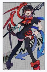 168namu3 1girl asymmetrical_footwear asymmetrical_wings black_dress black_hair black_nails blue_wings bow center_frills dress earrings frilled_shirt_collar frills full_body geometric_pattern highres holding houjuu_nue jewelry mismatched_earrings pointy_ears polearm red_bow red_eyes red_wings sharp_teeth short_hair short_sleeves snake solo teeth touhou trident weapon wings