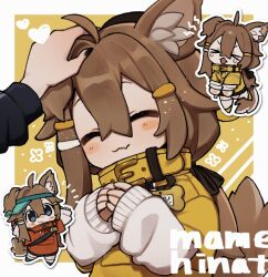 &gt;_&lt; 1boy 1girl 1other :3 ^_^ ahoge animal_ear_fluff animal_ears arienaigashitsu arms_up badge black_bow black_nails black_ribbon blue_eyes blush blush_stickers bone_hair_ornament border bow brown_hair brown_tail button_badge character_name chibi chibi_inset closed_eyes closed_mouth coat crossed_bangs dog_ears dog_girl dog_tail double-parted_bangs english_text fang fang_out hair_between_eyes hair_ornament hair_ribbon hairclip hand_on_another&#039;s_head happy hat headpat heart jacket long_hair long_sleeves looking_at_viewer low_ponytail mamehinata multiple_views nail_polish name_tag notice_lines open_mouth out_of_frame outline outside_border own_hands_together petting ponytail ribbon shirt shoes simple_background skin_fang sleeves_past_wrists smile socks solo_focus sweater tail tail_wagging tearing_up tears upper_body visor_cap vrchat watermark wavy_mouth white_background white_border white_outline white_socks white_sweater yellow_background yellow_coat yellow_jacket yellow_shoes