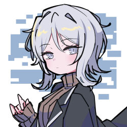 1girl an_apple_akaao black_jacket brown_sweater closed_mouth faust_(project_moon) grey_eyes jacket limbus_company long_sleeves looking_at_viewer project_moon short_hair simple_background solo sweater upper_body white_background white_hair