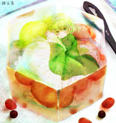 1girl ahoge bad_id bad_pixiv_id dress female_focus fetal_position food fruit gelatin ghost_tail green_dress green_hair in_food japanese_clothes lying mini_person minigirl no_headwear shimana_(cs-ts-az) short_hair soga_no_tojiko solo stuck touhou