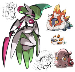 1girl armor bug colored_skin gen_5_pokemon glasses holding holding_weapon insect_wings iron_valiant larvesta nintendo pawmo penny_(pokemon) pink_eyes pink_skin pokemon pokemon_(creature) pokemon_sv scream_tail simple_background slither_wing tirarizun waist_cape weapon white_armor white_background wings yellow_eyes