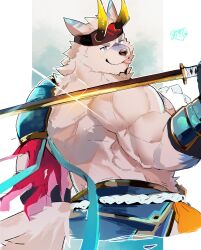 1boy absurdres animal_ears bara commentary_request diffraction_spikes fake_horns from_side furry furry_male highres holding holding_sword holding_weapon horned_headwear horns katana kumoyama_(xxl) looking_at_viewer looking_to_the_side male_focus mikiya_(mine_miki0840) muscular muscular_male over_shoulder signature smile sword tail tongue tongue_out topless_male weapon weapon_over_shoulder wolf_boy wolf_ears wolf_tail xxl_woofia