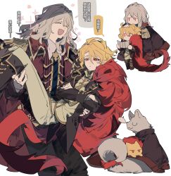 1boy 1girl absurdres black_boots black_coat black_pants black_vest blonde_hair boots carrying cat closed_eyes closed_mouth coat collared_shirt cropped_legs dog don_quixote_(project_moon) epaulettes fang feather_boa finger_in_own_mouth hand_on_another&#039;s_head highres itokenaikei jewelry la_manchaland&#039;s_don_quixote_(project_moon) limbus_company necklace open_mouth pants princess_carry project_moon reading red_eyes sancho_(project_moon) shirt simple_background skin_fang smile speech_bubble vest white_background white_hair white_pants yellow_cat
