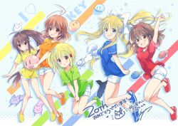 Rule 34 | 5girls, air (visual novel), antenna hair, blonde hair, blue eyes, blue shirt, brown eyes, brown hair, cat, clannad, crocs, crossover, dango daikazoku, food, furukawa nagisa, green shirt, hair ribbon, hairband, hibiki (hibiki no mahou), hibiki no mahou, izumi rei, jumping, kamio misuzu, kanon, key (company), little busters!, long hair, medium hair, multiple girls, natsume rin, open mouth, orange shirt, ponytail, red eyes, red shirt, ribbon, shirt, short hair, shorts, side ponytail, simple background, slime (creature), smile, taiyaki, tsukimiya ayu, very long hair, wagashi, white shorts, yellow shirt
