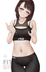 1girl black_bra black_pants bra breasts brown_hair chinese_commentary collarbone cowboy_shot hands_up head_tilt heart heart-shaped_pupils highres l_ract looking_at_viewer medium_hair midriff navel original pants product_placement simple_background small_breasts solo sports_bra standing suggestive_fluid sweat swept_bangs symbol-shaped_pupils underwear white_background yoga_pants