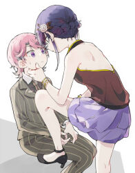 2girls :c backless_shirt black_shoes blue_hair bracelet braid brown_necktie closed_mouth collared_shirt commentary eye_contact face-to-face flower foot_out_of_frame fud gold_bracelet green_jacket green_pants hair_flower hair_ornament half_up_braid halter_shirt halterneck hanayagi_kaoruko hand_on_another&#039;s_chin high_heels highres invisible_chair isurugi_futaba jacket jewelry knee_up lapels layered_skirt legs_together looking_at_another miniskirt multiple_girls necktie official_alternate_costume pants parted_bangs parted_lips pink_hair purple_eyes purple_skirt red_shirt shirt shoes short_hair shoujo_kageki_revue_starlight single_sidelock sitting skirt sleeveless sleeveless_shirt striped_clothes striped_jacket striped_pants suit_jacket sweatdrop tuxedo white_background white_flower white_shirt yuri