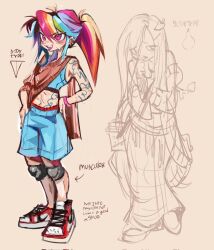 Rule 34 | 2girls, blue shorts, blue sports bra, commentary, corrupted twitter file, english text, flat chest, fluttershy, highres, knee pads, long hair, multicolored hair, multiple girls, my little pony, my little pony: friendship is magic, nike (company), open mouth, orange sweater, personification, pink eyes, ponytail, rainbow dash, rainbow hair, shoes, shorts, simple background, sketch, skirt, skullsideart, sneakers, sports bra, standing, sweat, sweater, tattoo, toned, toned female