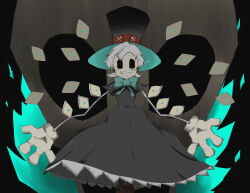 1girl absurdres alternate_color bow bowtie cyborg dress facing_viewer frilled_dress frills gloves green_hair grin hat highres mentos_toufu peacock_(skullgirls) sharp_teeth short_hair skullgirls smile solo teeth top_hat