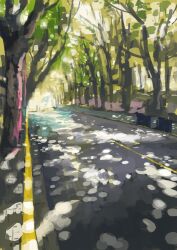 concrete day highres no_humans original painting_(medium) road scenery shadow sidewalk slow_d sunlight traditional_media tree tree_shade