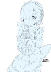 1girl apron bare_shoulders blue_theme blunt_bangs bow_button breasts cleavage closed_mouth coattails collarbone cowboy_shot daisy_(flower) dated detached_sleeves flower flower_hairband flower_knot frilled_apron frilled_skirt frilled_sleeves frills hair_ornament hair_over_one_eye hair_ribbon hairclip highres holding holding_flower kneeling light_blush long_sleeves maid miniskirt monochrome re:zero_kara_hajimeru_isekai_seikatsu rem_(re:zero) ribbon shirt short_hair simple_background skirt sleeveless sleeveless_shirt smile solo tareme twitter_username unasaka_ryou white_background wide_sleeves x_hair_ornament